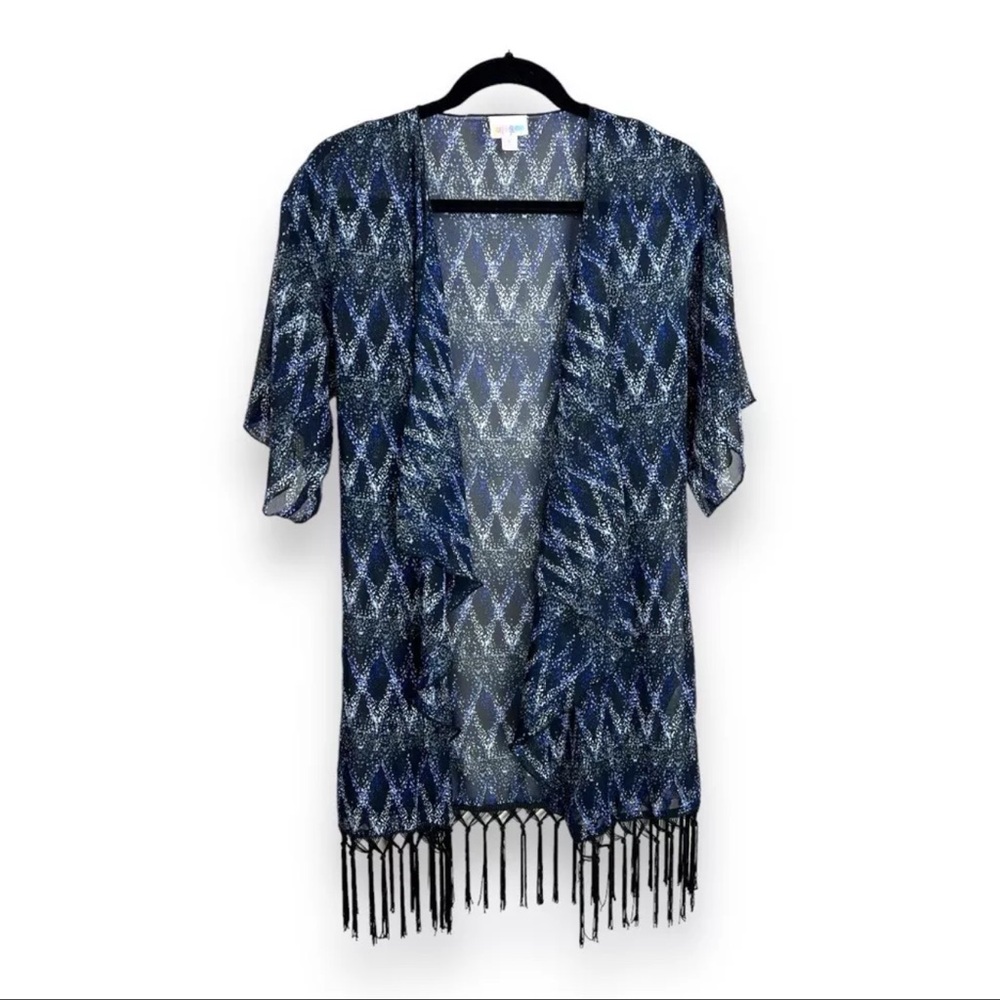 LuLaRoe Black Blue and White Patterned Kimono With Hanging Tassels